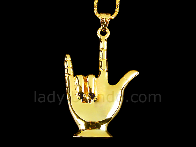 USB Metallic I Love You Hand Gesture Necklace Flash Drive