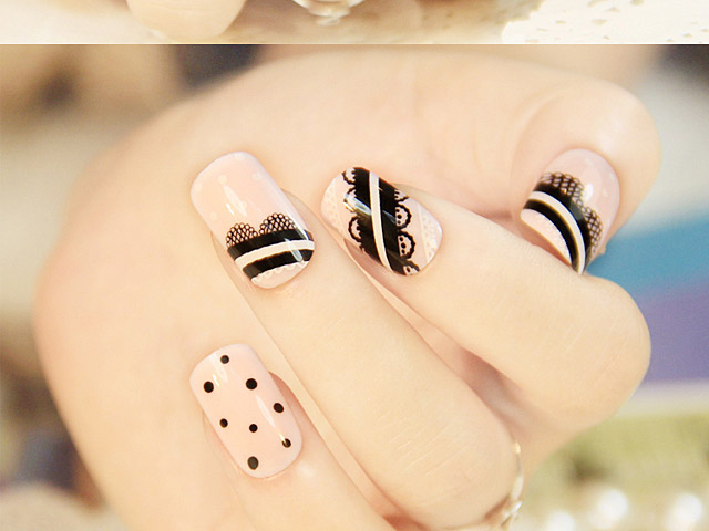 Pink with Black Lace Round Dots Nails