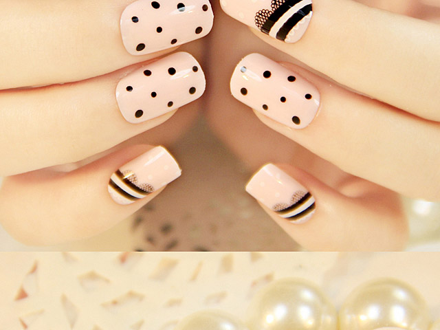 Pink with Black Lace Round Dots Nails