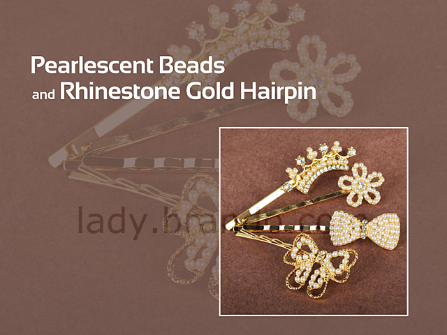 Pearlescent Beads and Rhinestone Gold Hairpin
