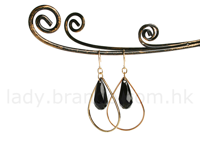 Golden Earrings with Black Teardrop Pendant
