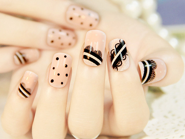 Pink with Black Lace Round Dots Nails