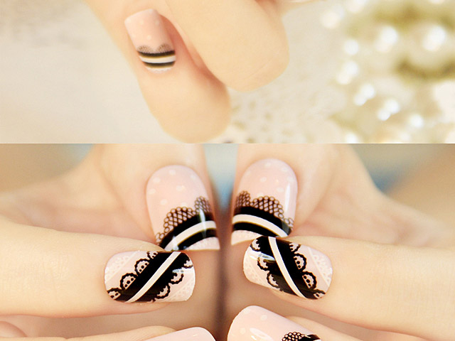 Pink with Black Lace Round Dots Nails